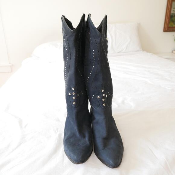 vintage cowboy boot Italian made navy suede leather studded embroidered - Picture 10 of 10